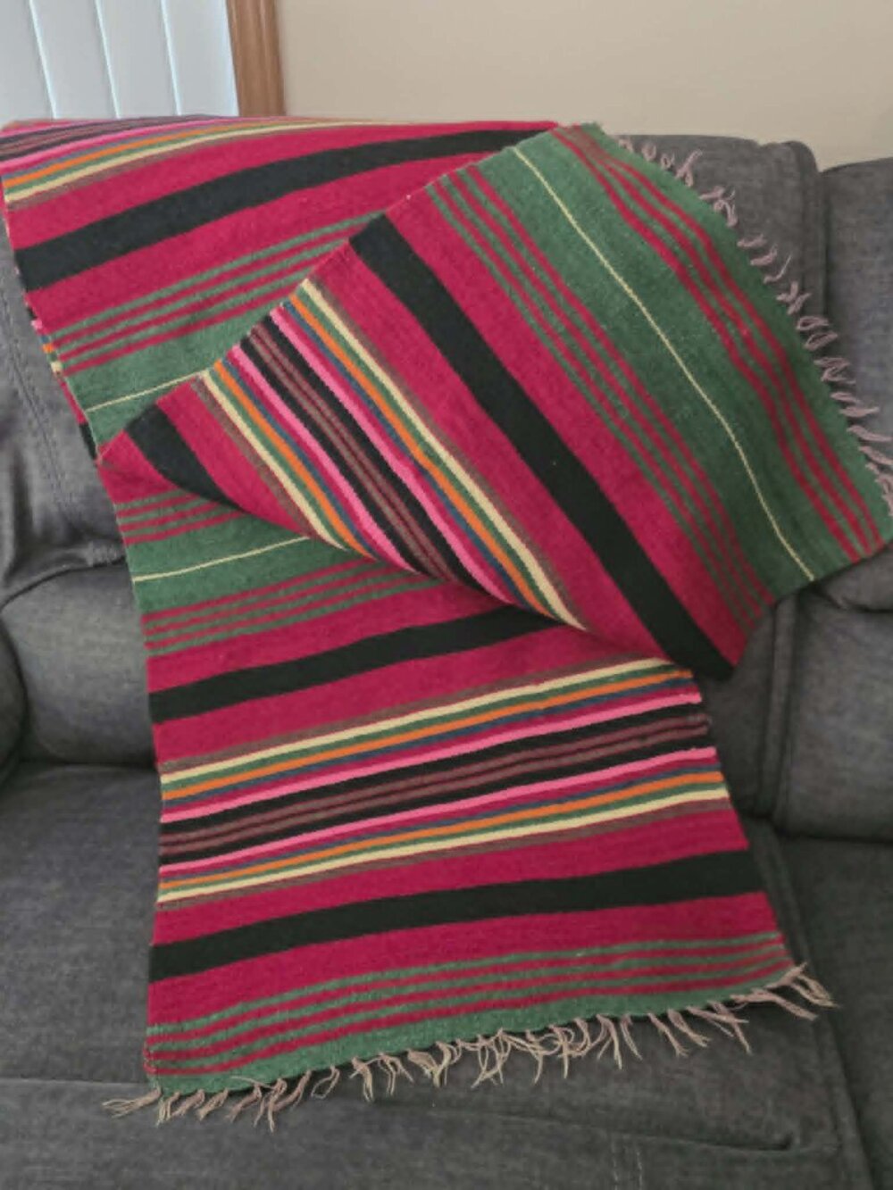WOOL WOVEN RUNNER RUG THROW TRIBAL STRIPED VINTAGE 87" X 19" 2.5 LBS.
